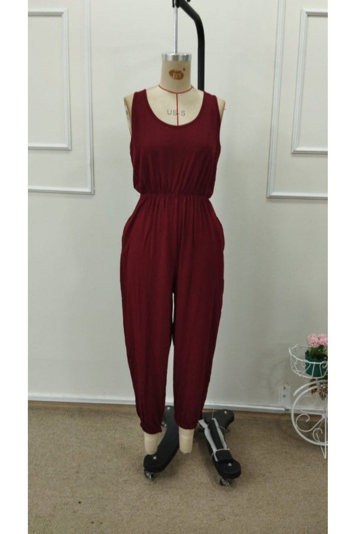 Kadın Askılı Yuvarlak Yakalı Cepli Viskon Tulum, 32897