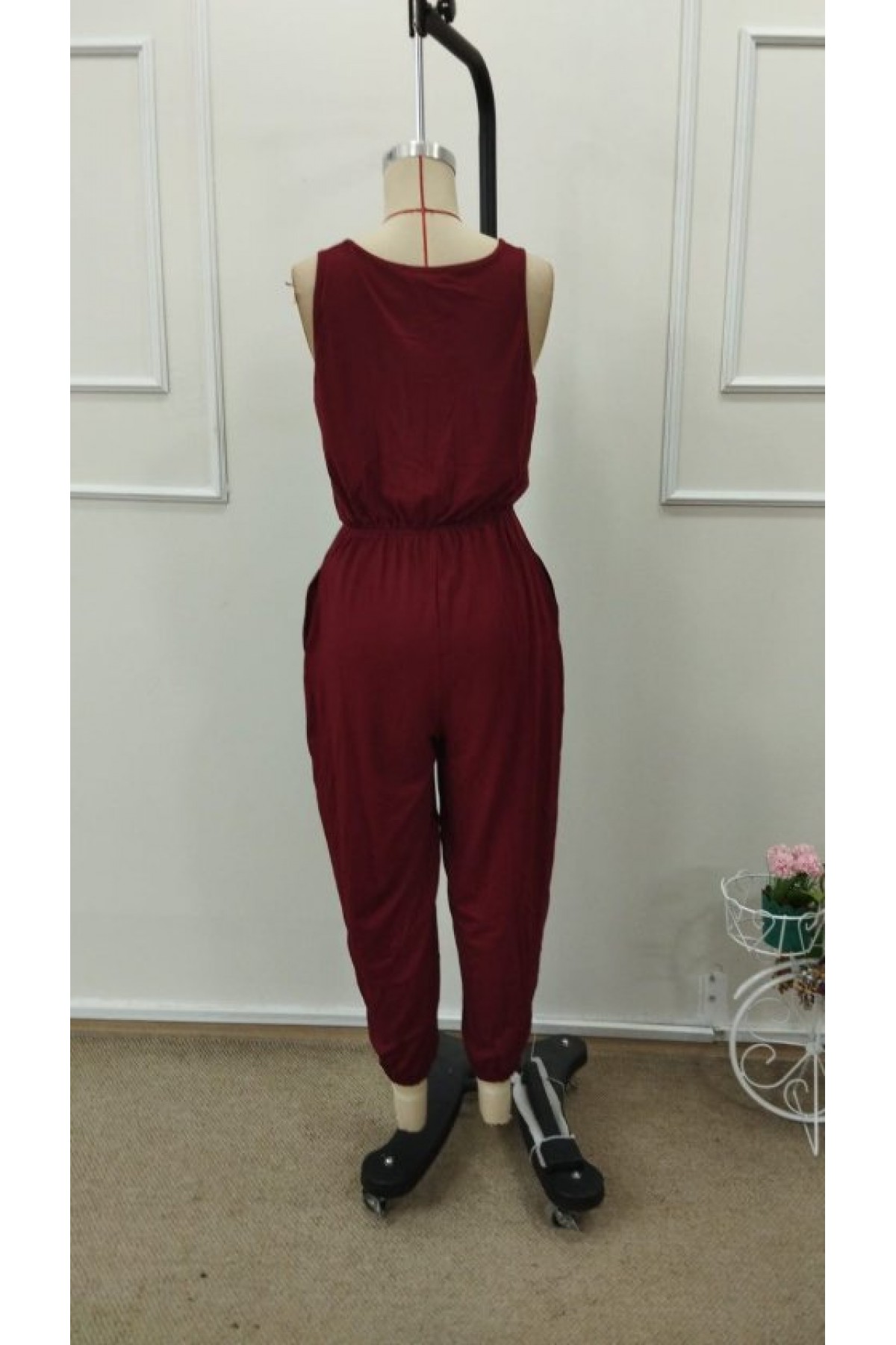 Kadın Askılı Yuvarlak Yakalı Cepli Viskon Tulum, 32897