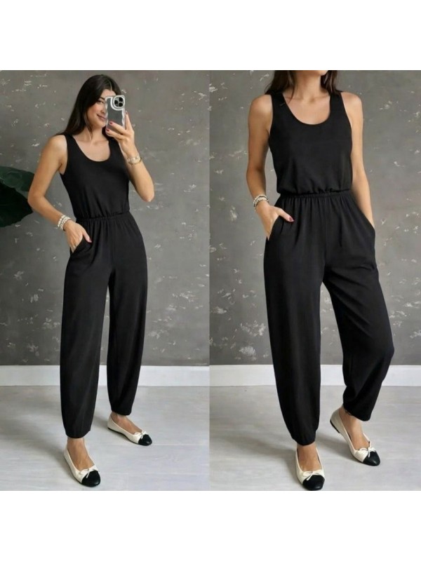 Kadın Askılı Yuvarlak Yakalı Cepli Viskon Tulum, 32895