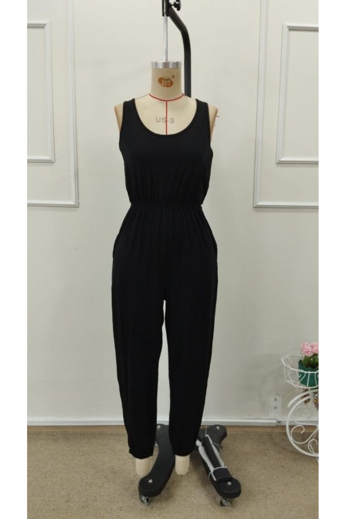 Kadın Askılı Yuvarlak Yakalı Cepli Viskon Tulum, 32895