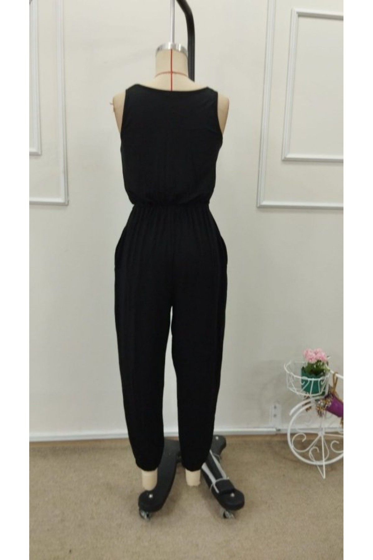 Kadın Askılı Yuvarlak Yakalı Cepli Viskon Tulum, 32895