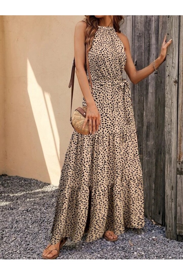 Kadın Kolsuz Halter Yaka Beli Lastikli  Leopar Desenli Mikro Elbise, 35387