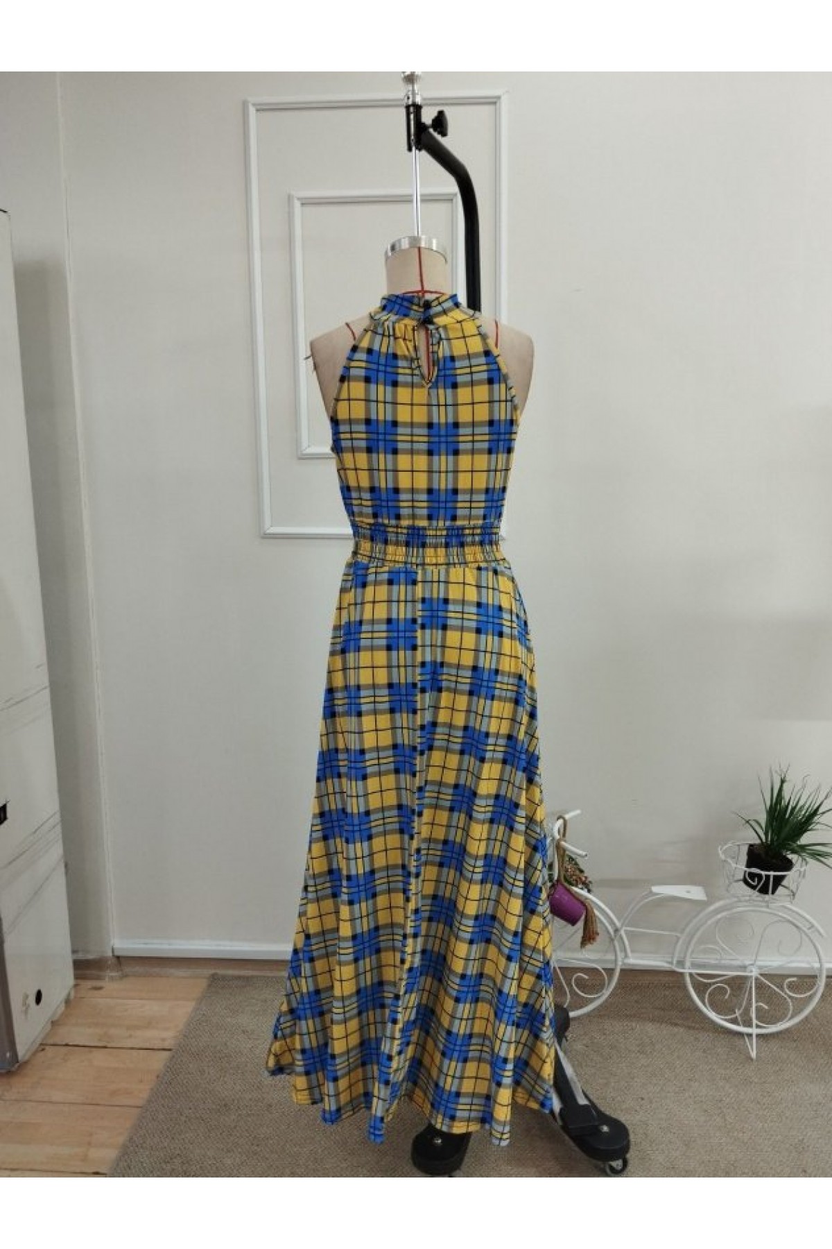Kadın Omuzlardan Açık Balıkçı Yaka Beli Lastikli Ekose Desenli Uzun Süprem Elbise, 36462
