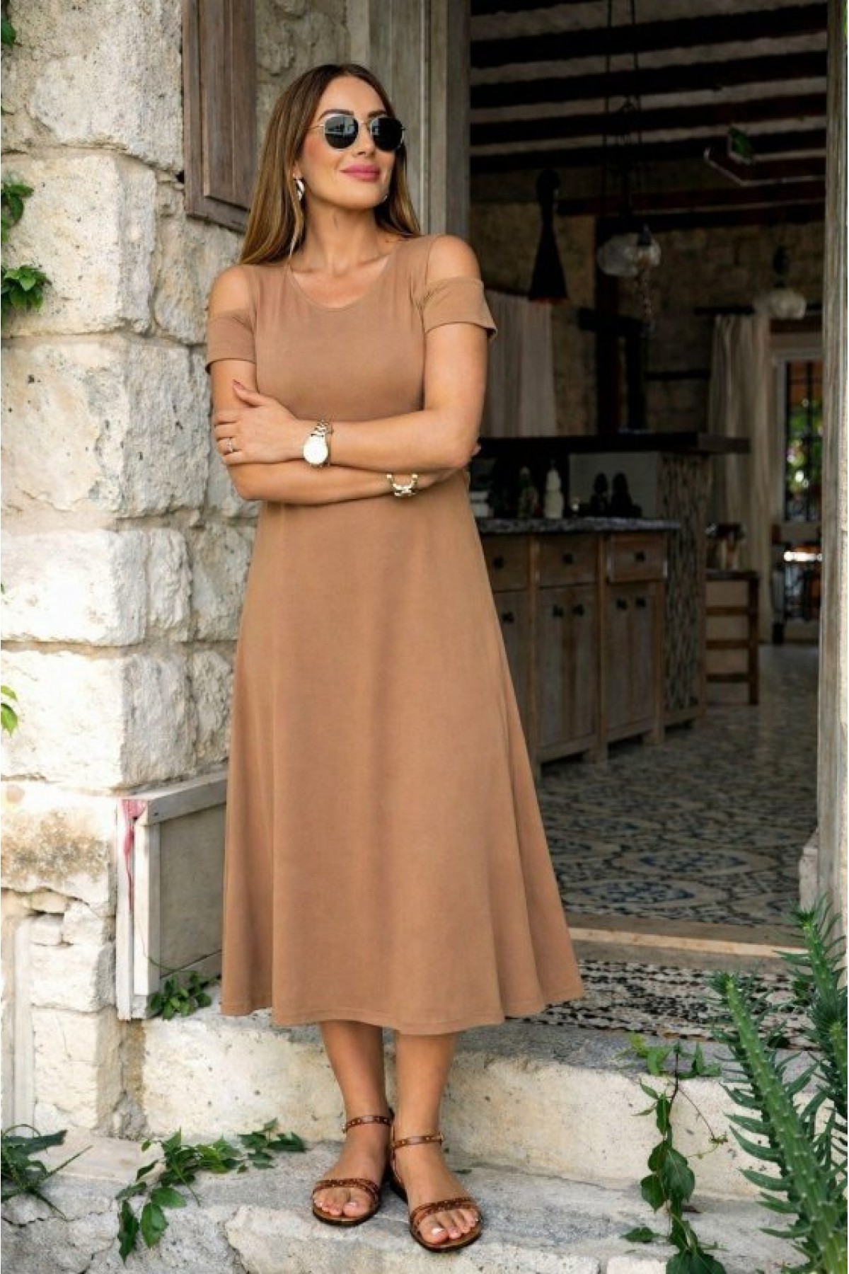 Kadın Askılı Omuzlardan Açık Midi Viskon Elbise, 33863