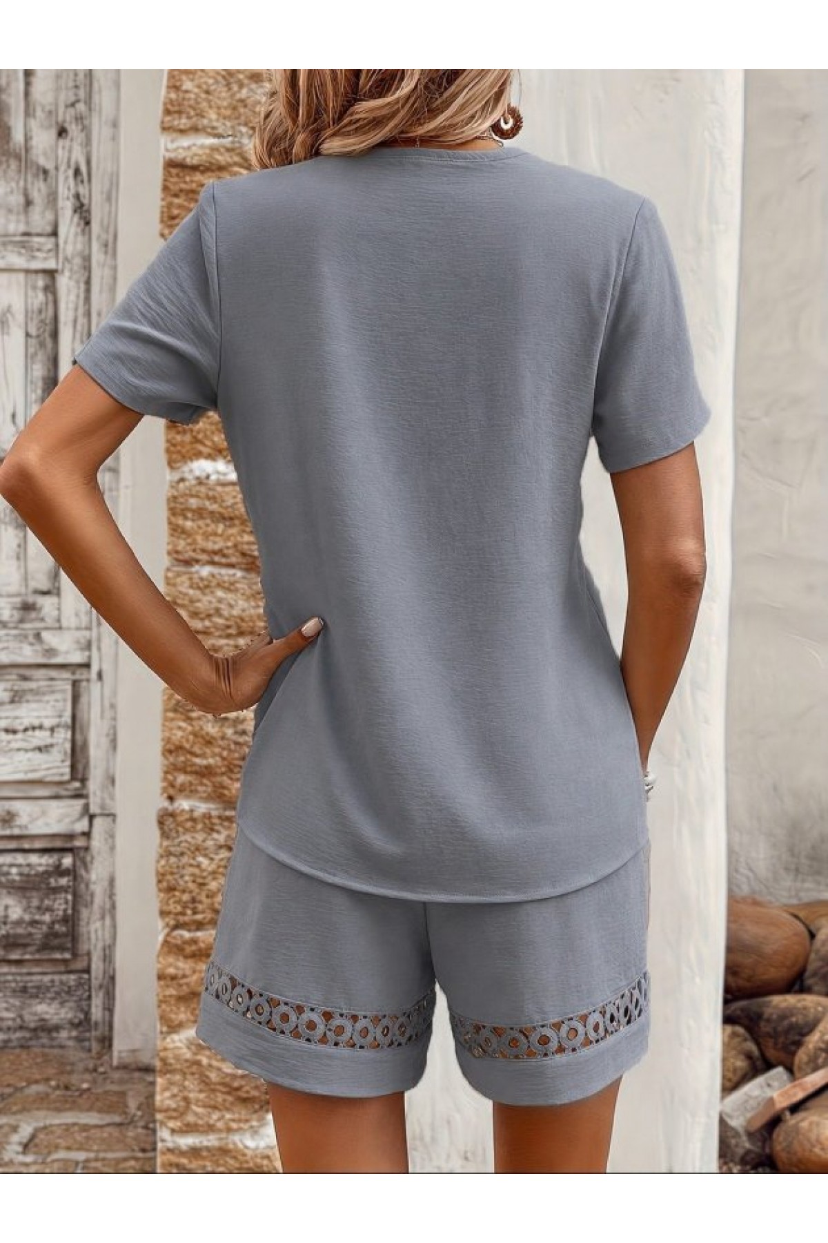 Kadın Kısa Kollu V Yakalı Bluz Ve Short Ikili Takım, 35724