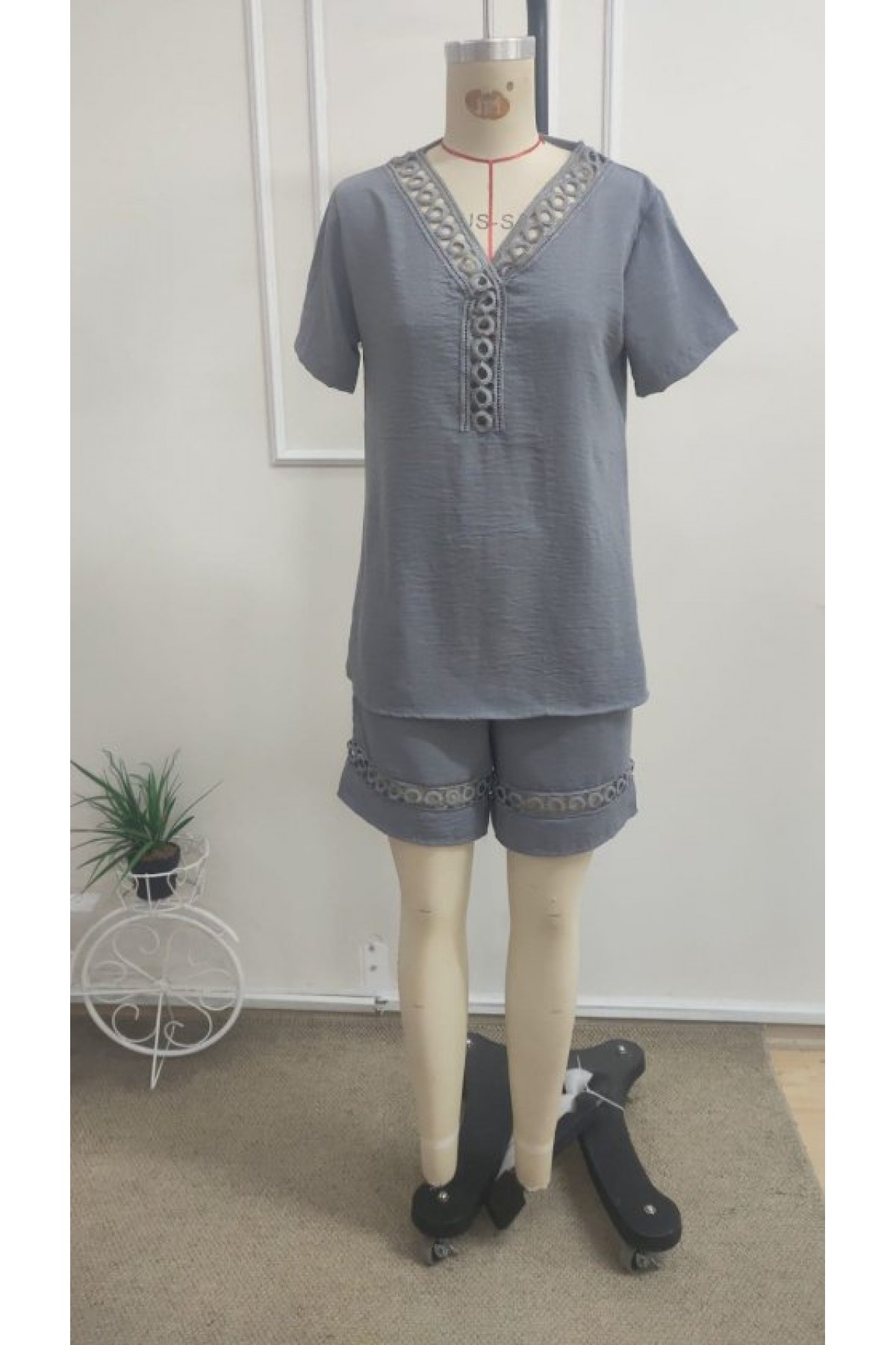 Kadın Kısa Kollu V Yakalı Bluz Ve Short Ikili Takım, 35724