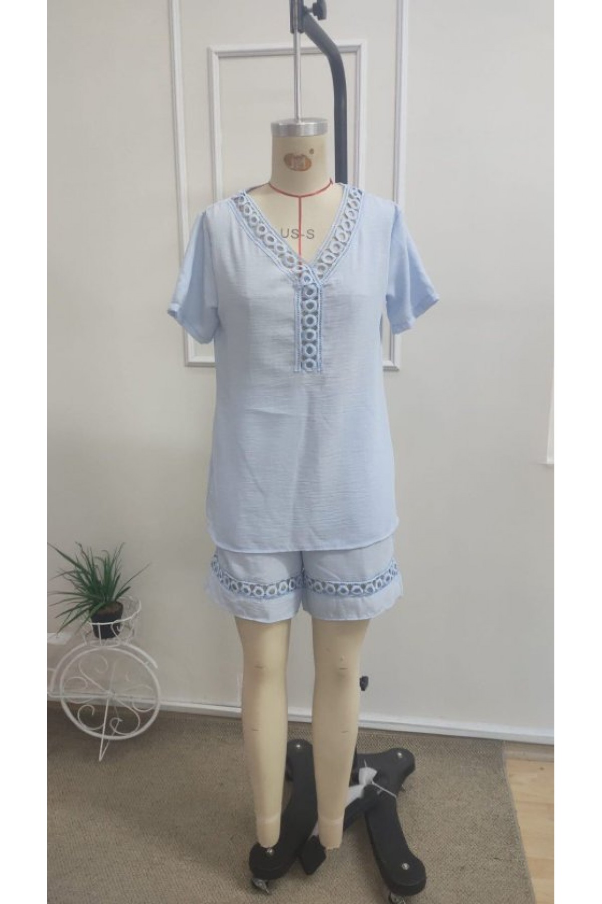 Kadın Kısa Kollu V Yakalı Bluz Ve Short Ikili Takım, 35725