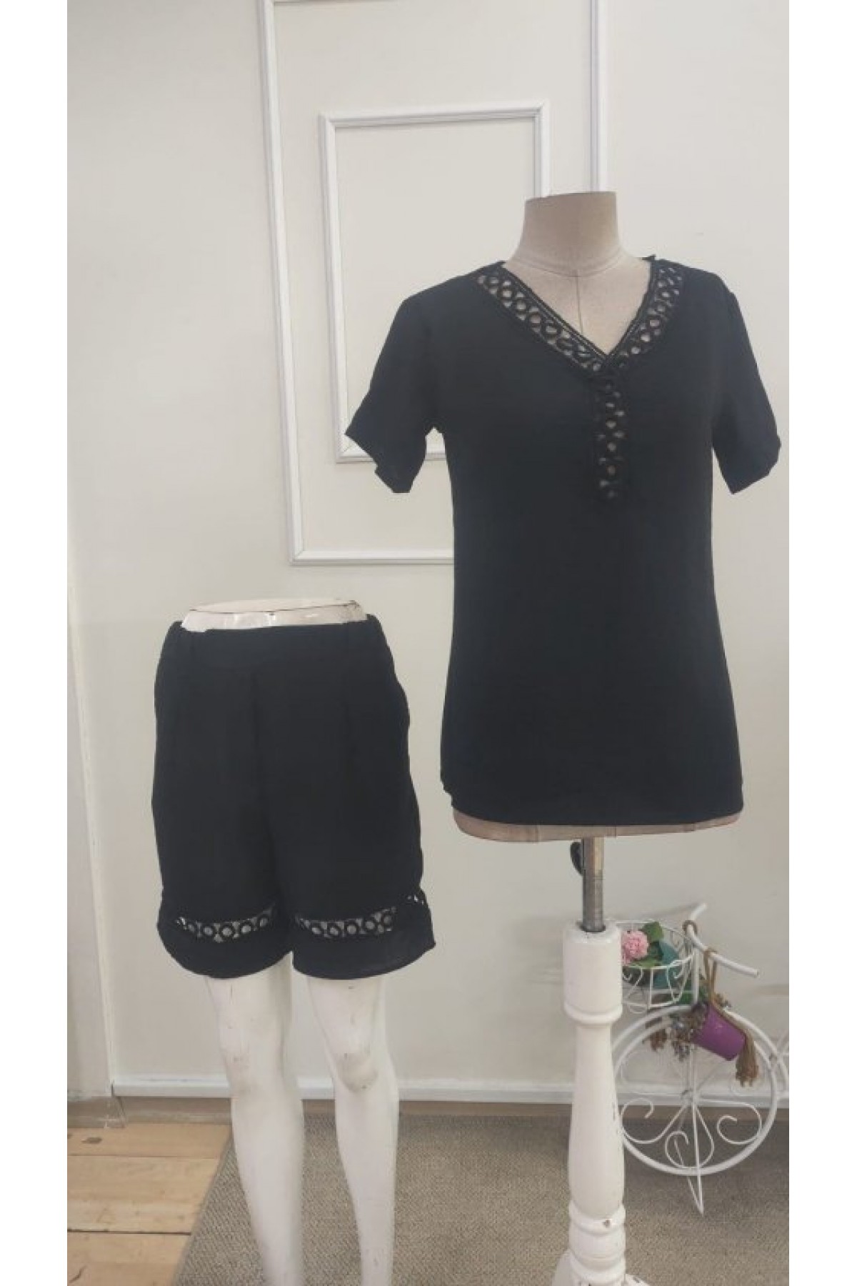 Kadın Kısa Kollu V Yakalı Bluz Ve Short Ikili Takım, 35723