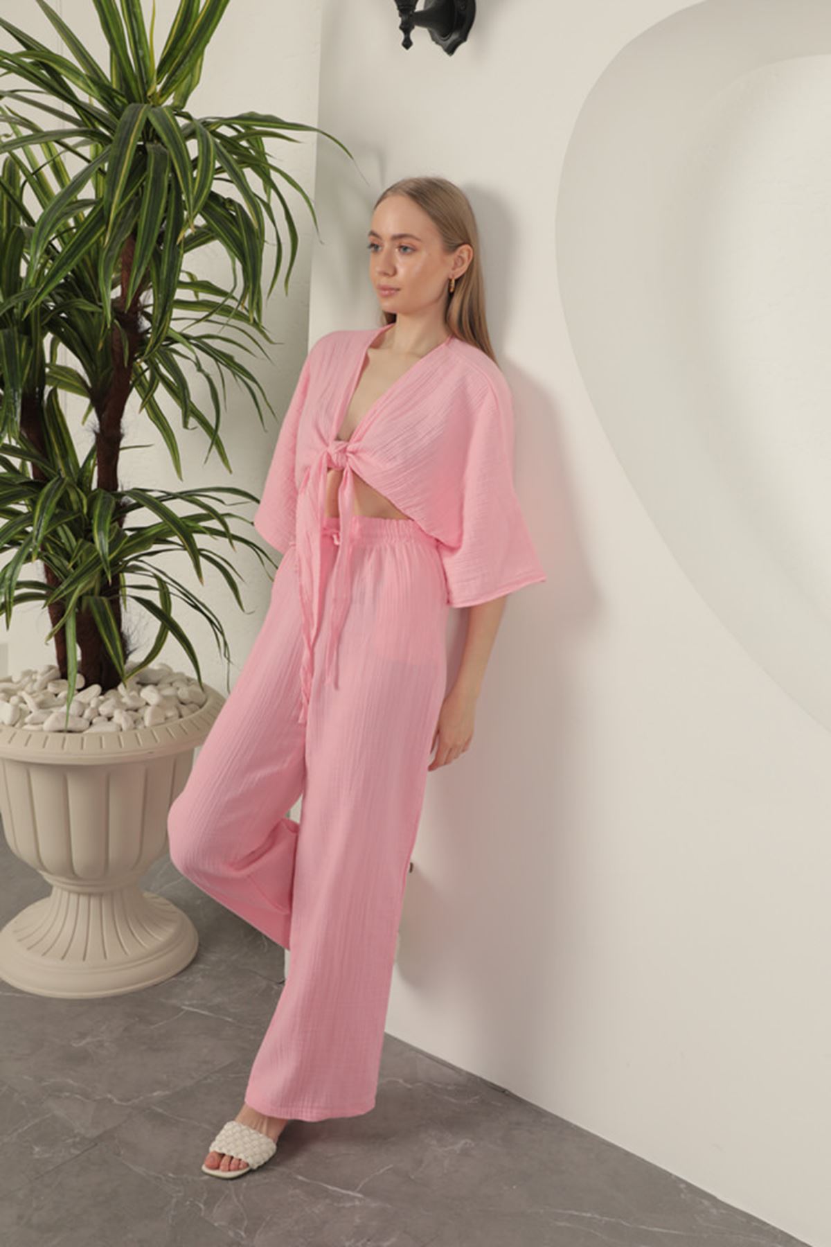 Muslin Fabric Wide Leg Women's Trousers