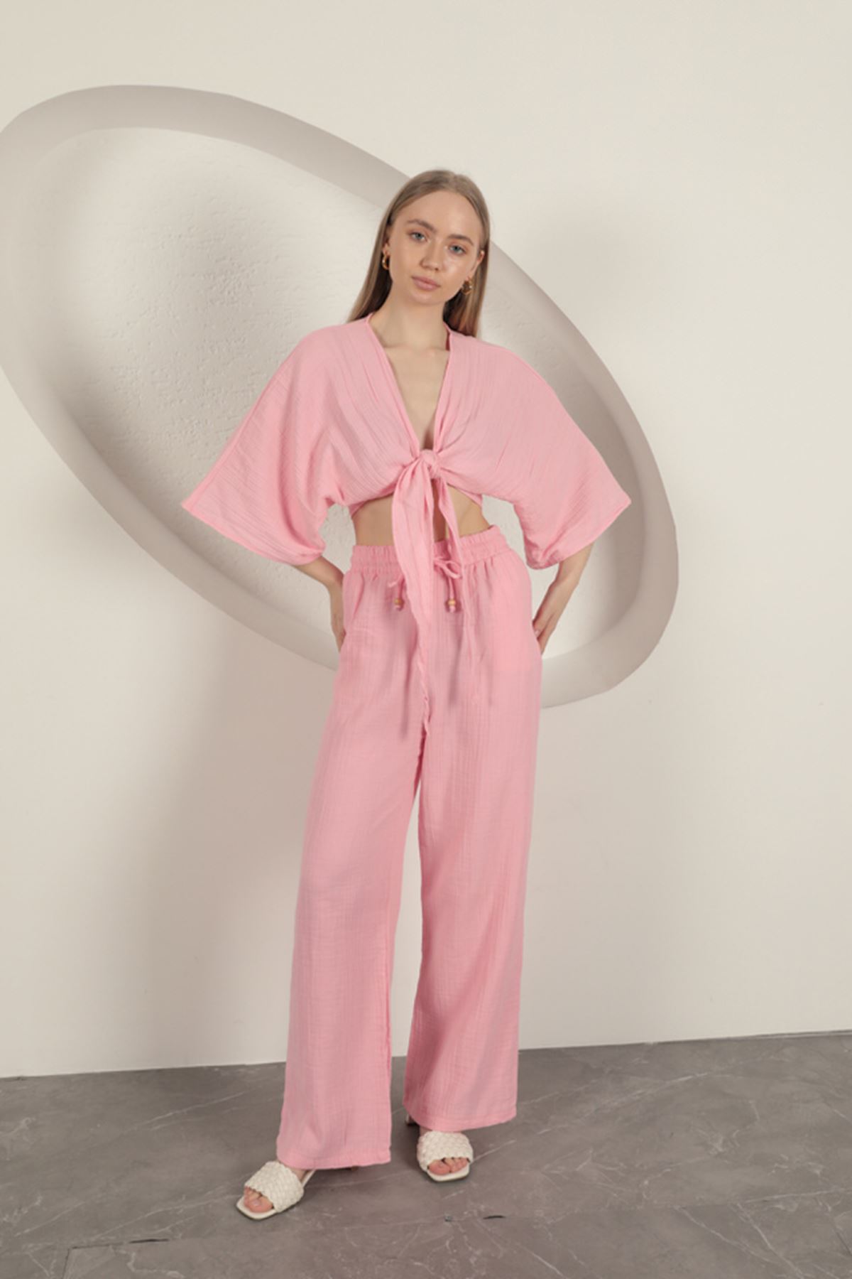 Muslin Fabric Wide Leg Women's Trousers