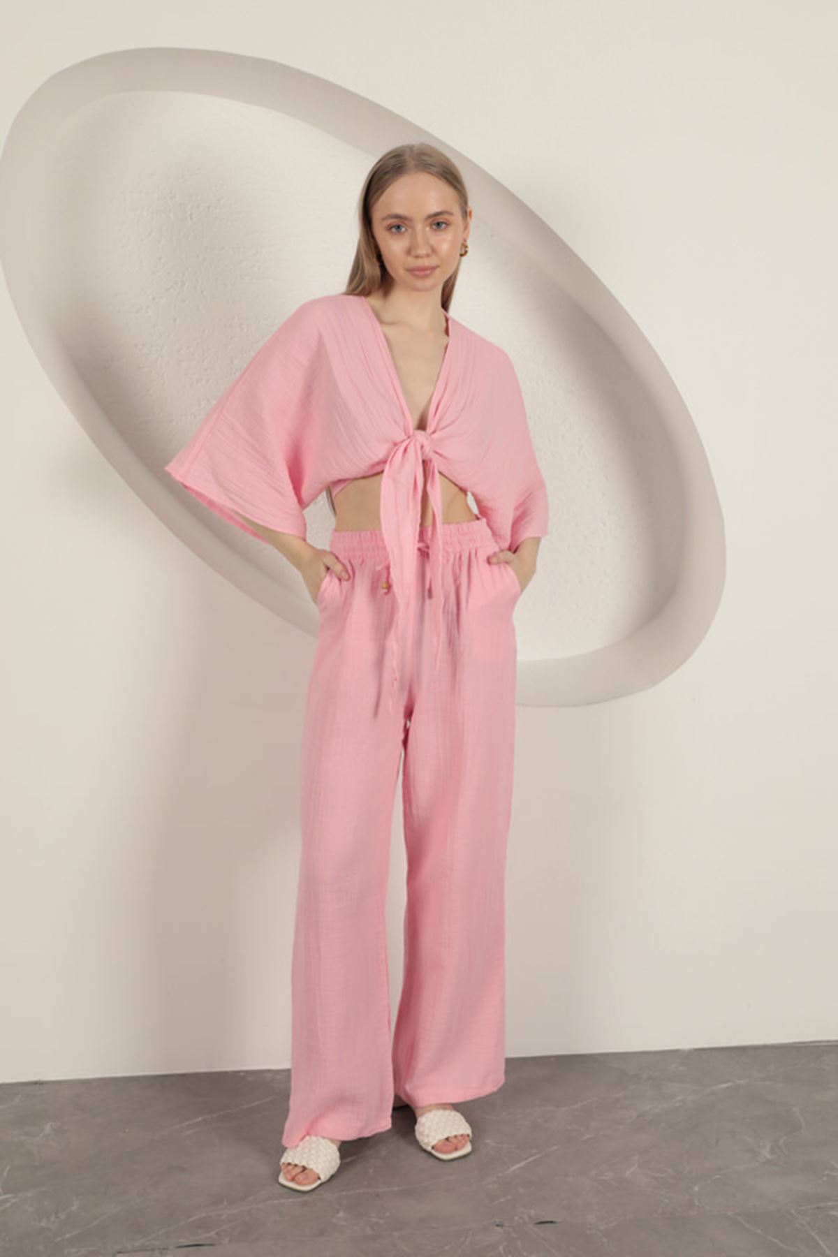 Muslin Fabric Wide Leg Women's Trousers