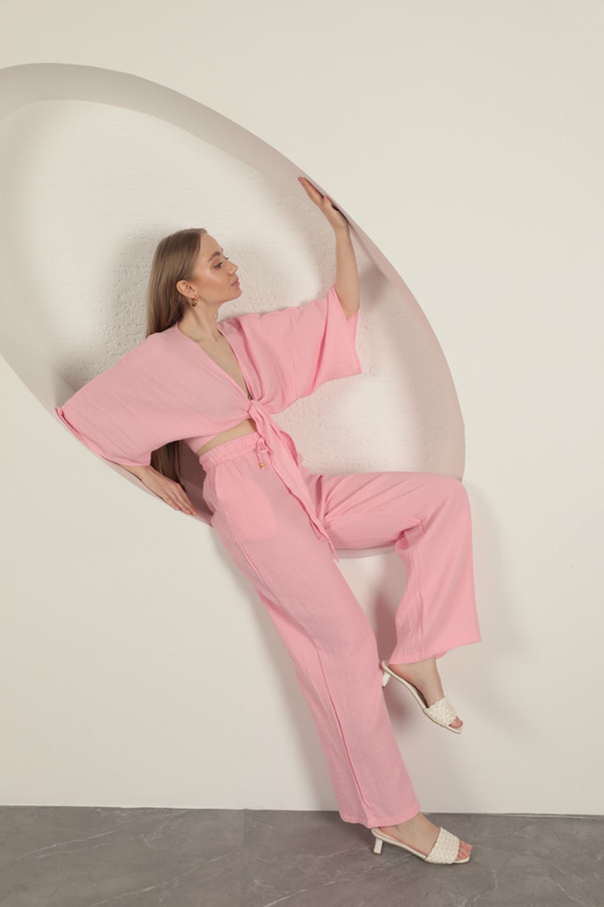 Muslin Fabric Wide Leg Women's Trousers