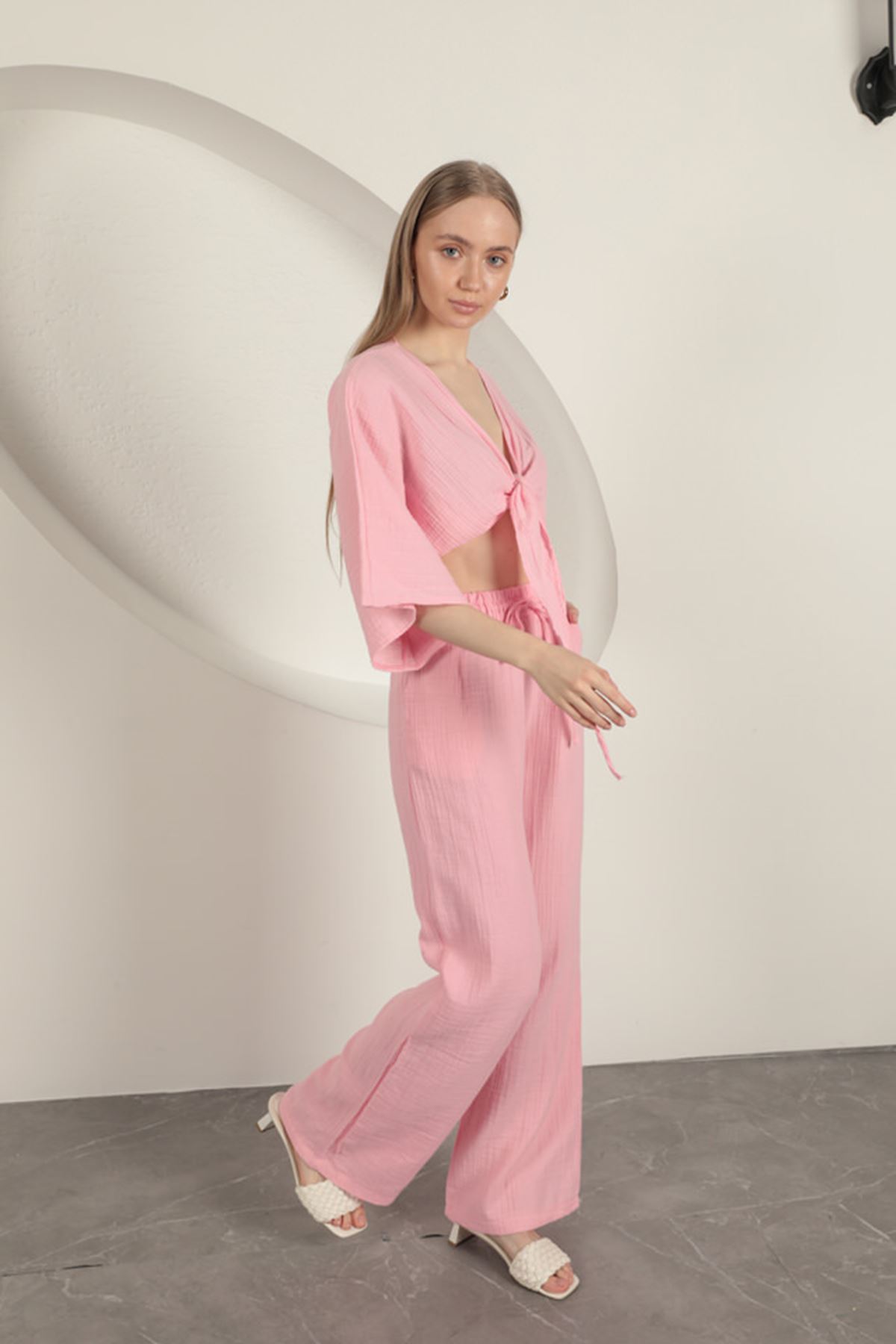 Muslin Fabric Wide Leg Women's Trousers