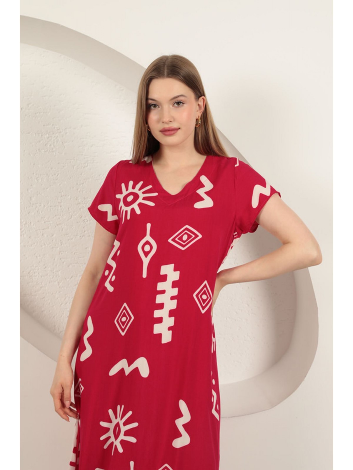 Viskon Kumaş Etnik Elbise-Fuşya