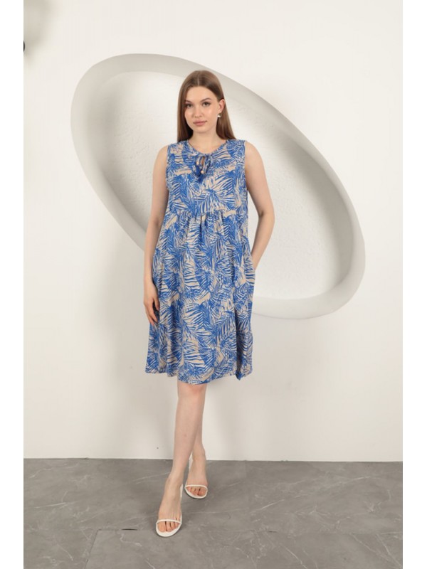 Viskon Kumaş Palmiye Desen Elbise-Saks