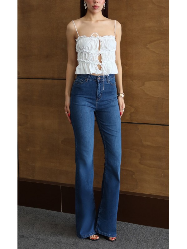 Yüksek Bel Yarım İspanyol Paça Blue Jean Pantolon