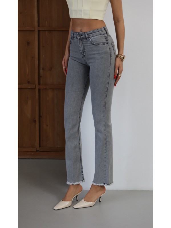 Yüksek Bel Paça Püskül Detaylı Gri Jean Pantolon