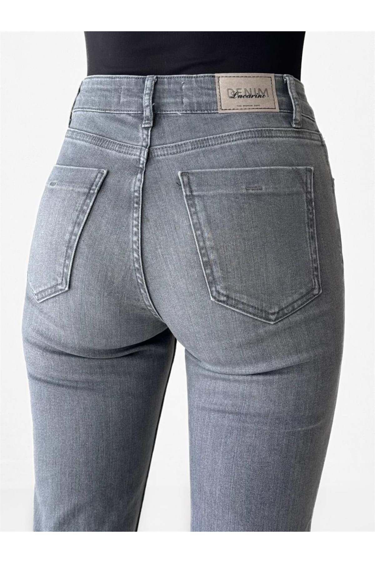 Yüksek Bel Paça Püskül Detaylı Gri Jean Pantolon