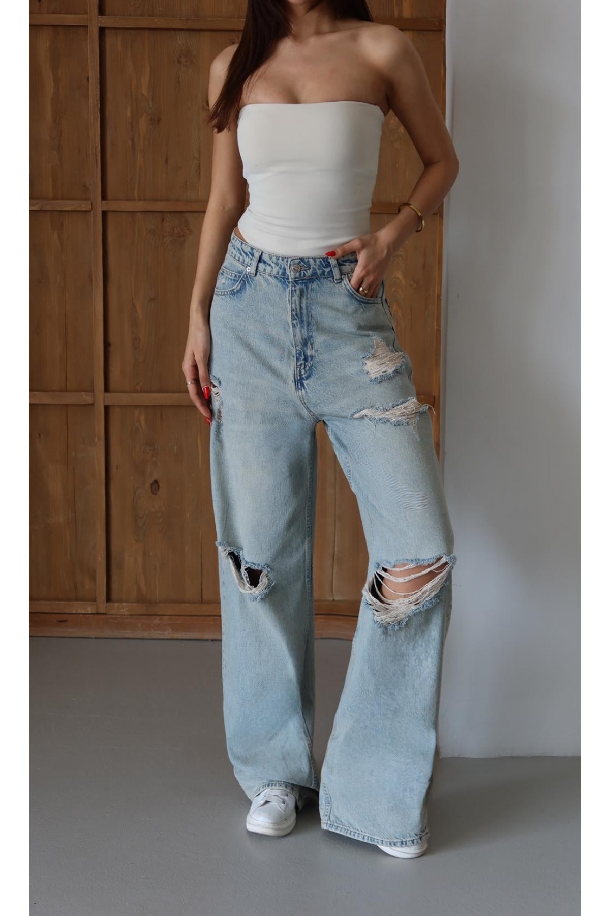 Kadın Yüksek Bel Bol Kesim Yeşil Tint Lazerli  Jean Pantolon