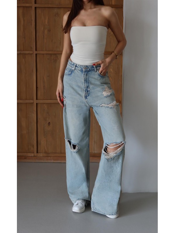 Kadın Yüksek Bel Bol Kesim Yeşil Tint Lazerli  Jean Pantolon