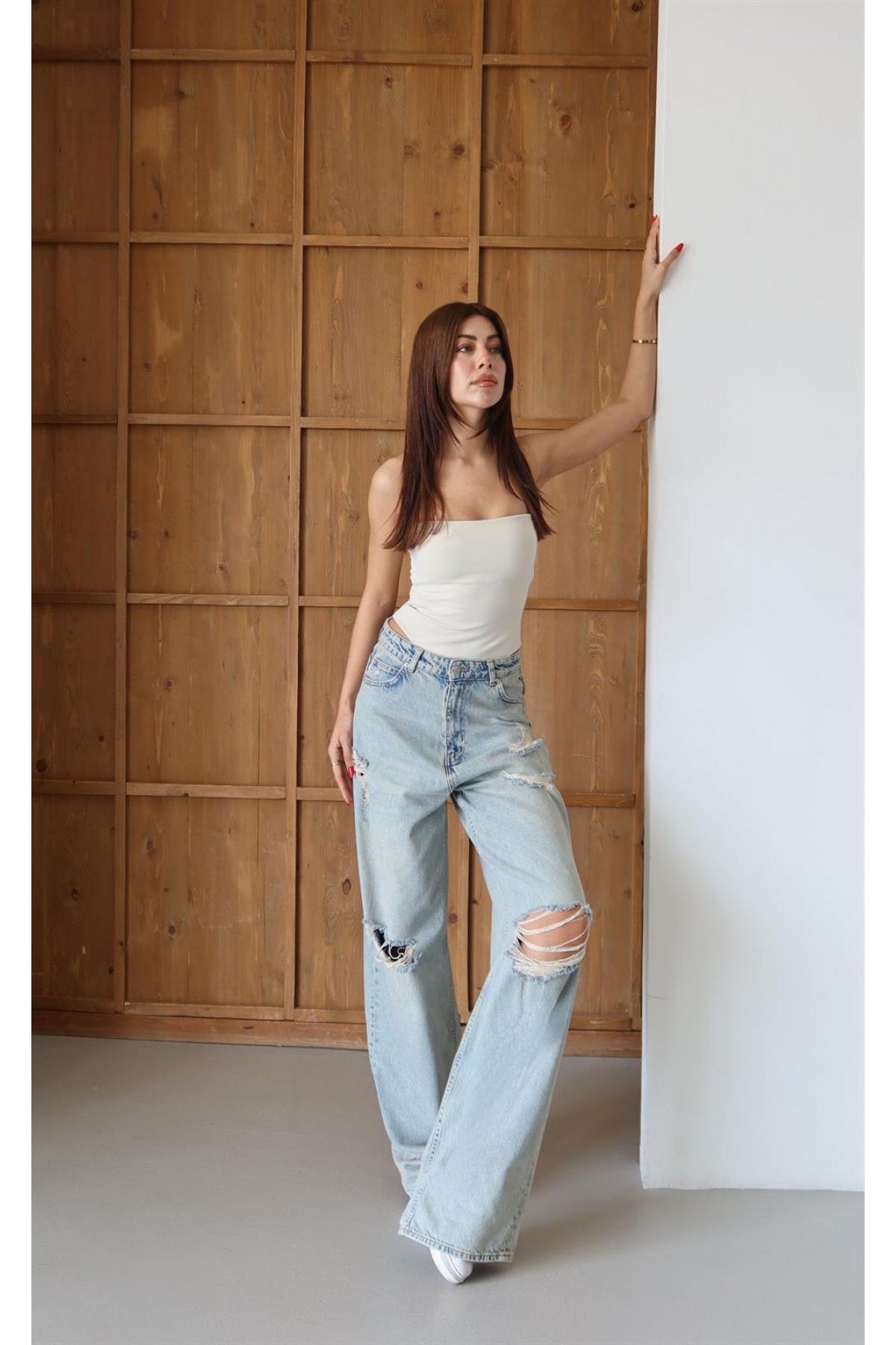 Kadın Yüksek Bel Bol Kesim Yeşil Tint Lazerli  Jean Pantolon