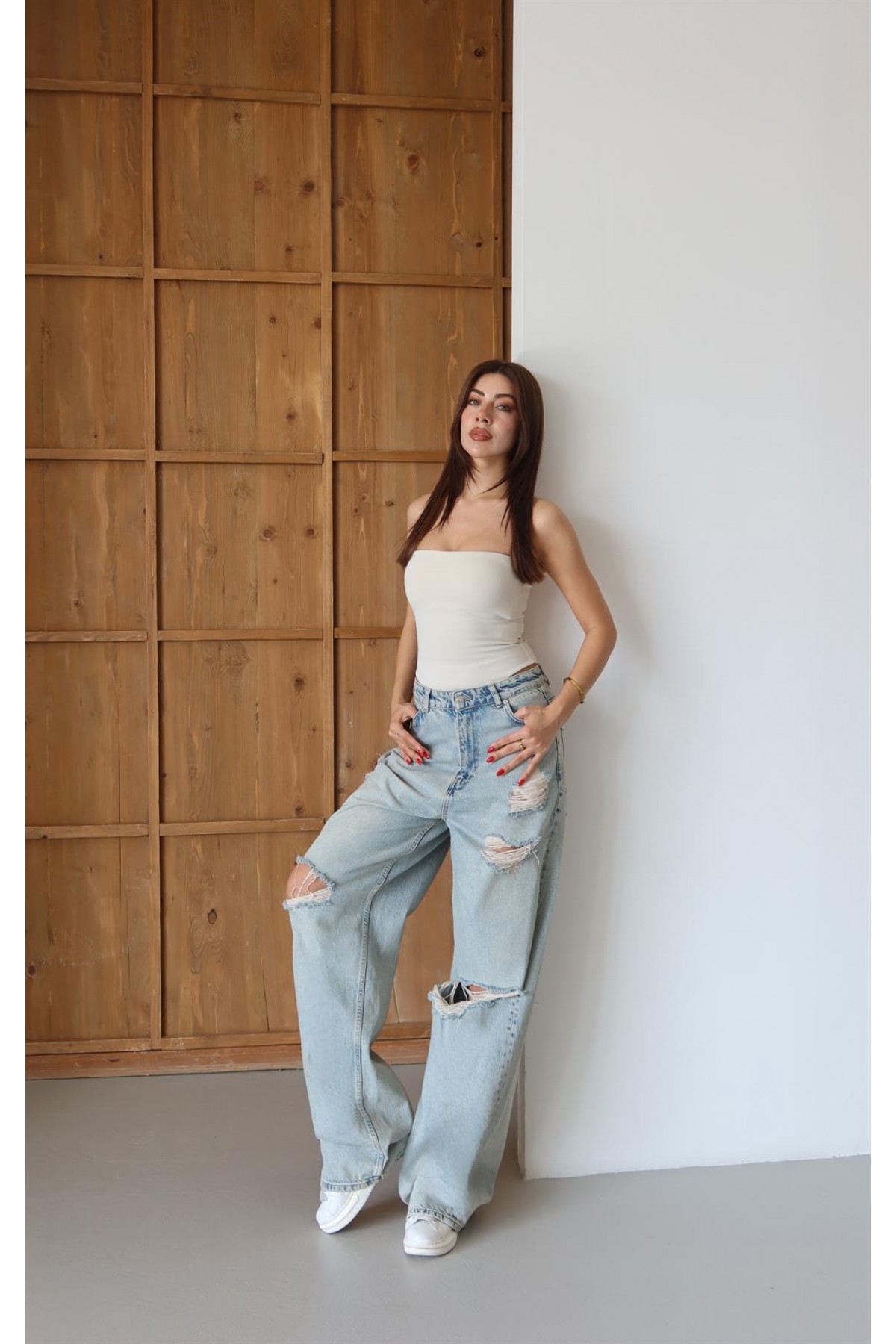 Kadın Yüksek Bel Bol Kesim Yeşil Tint Lazerli  Jean Pantolon