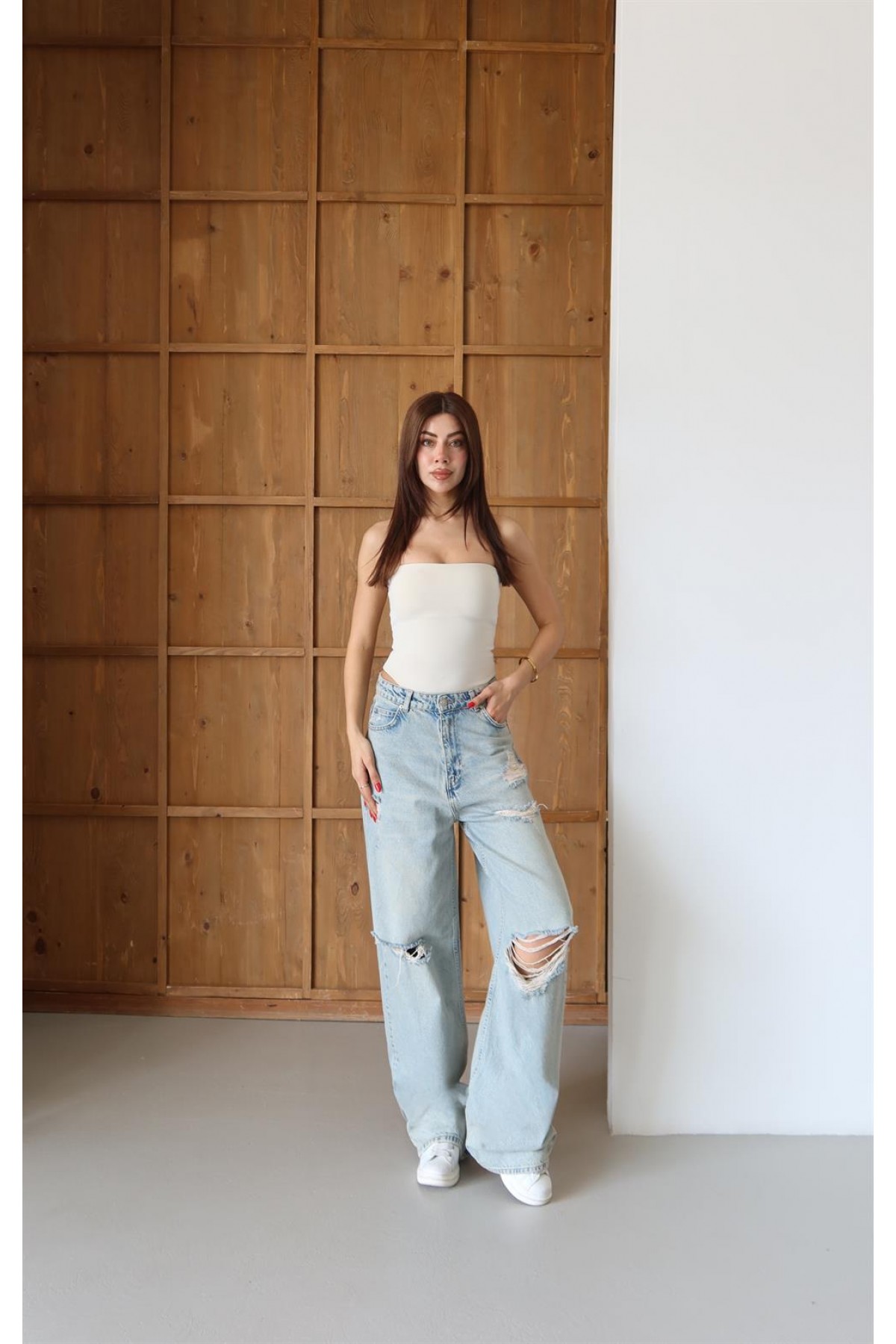 Kadın Yüksek Bel Bol Kesim Yeşil Tint Lazerli  Jean Pantolon