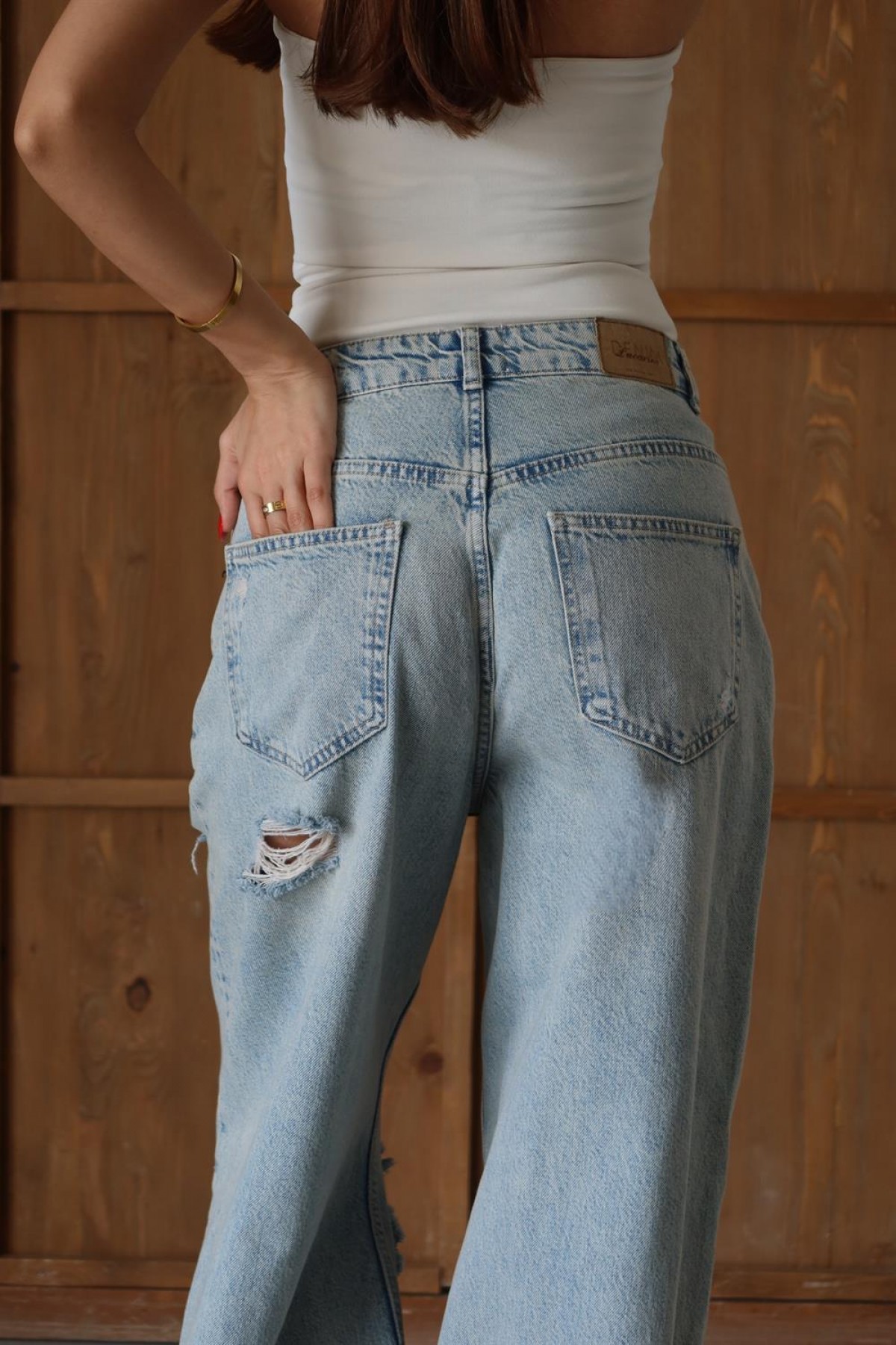 Kadın Yüksek Bel Bol Kesim Yeşil Tint Lazerli  Jean Pantolon