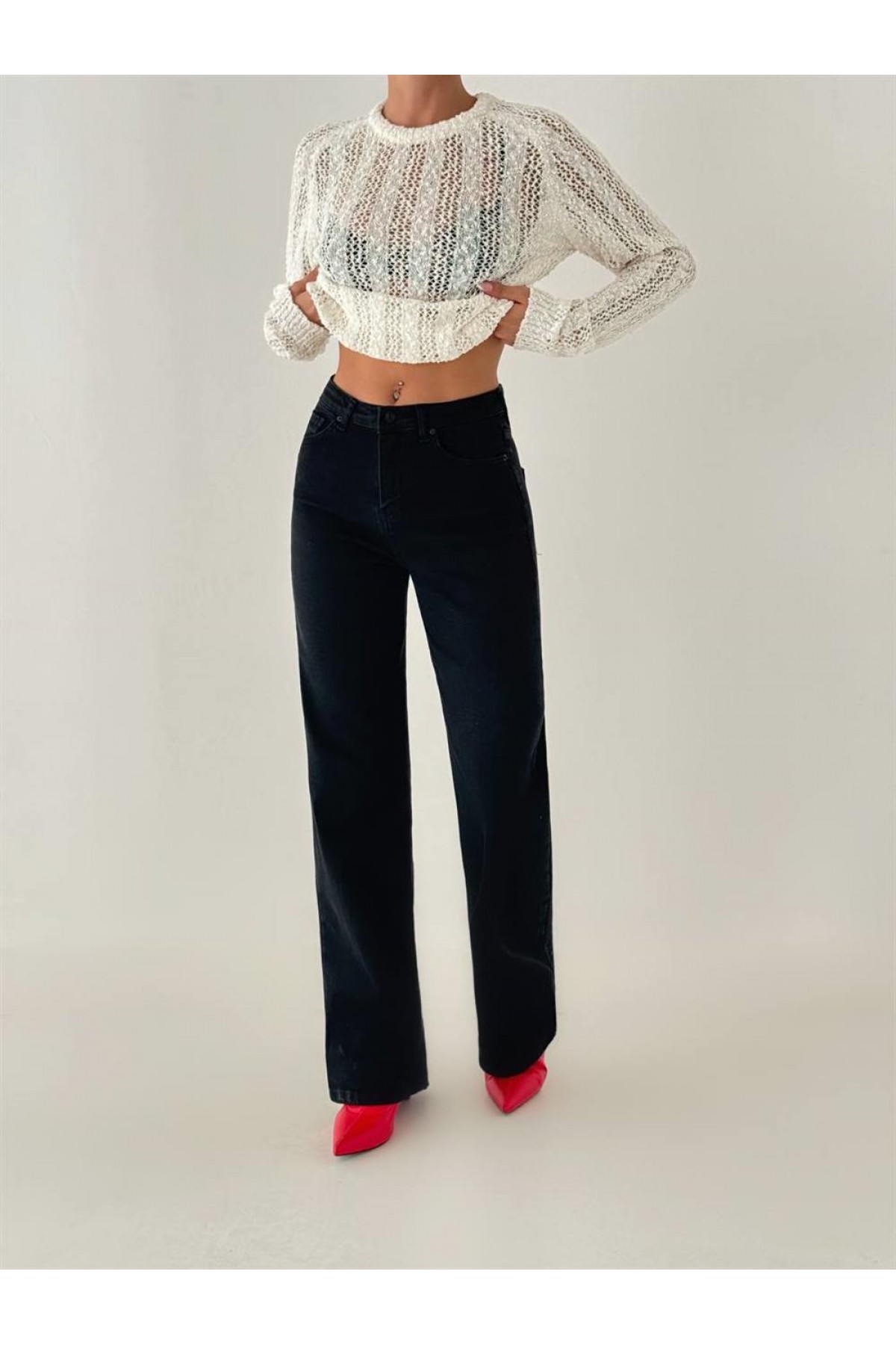 Yüksek Bel Düz Kesim Black Jean Pantolon