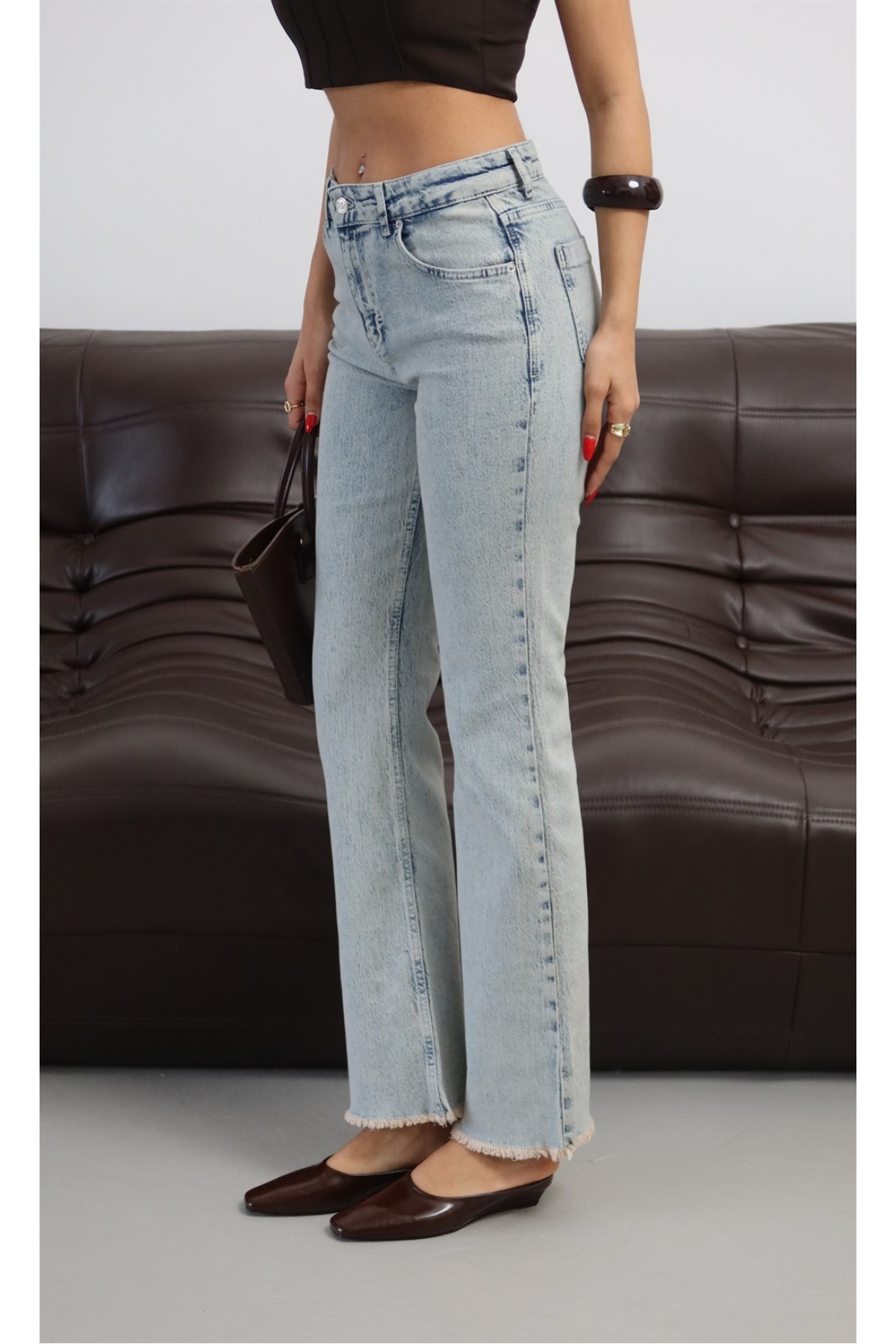 Yüksek Bel Paça Pis Dikiş Detaylı Light Blue Tint Mini Flare Jean Pantolon