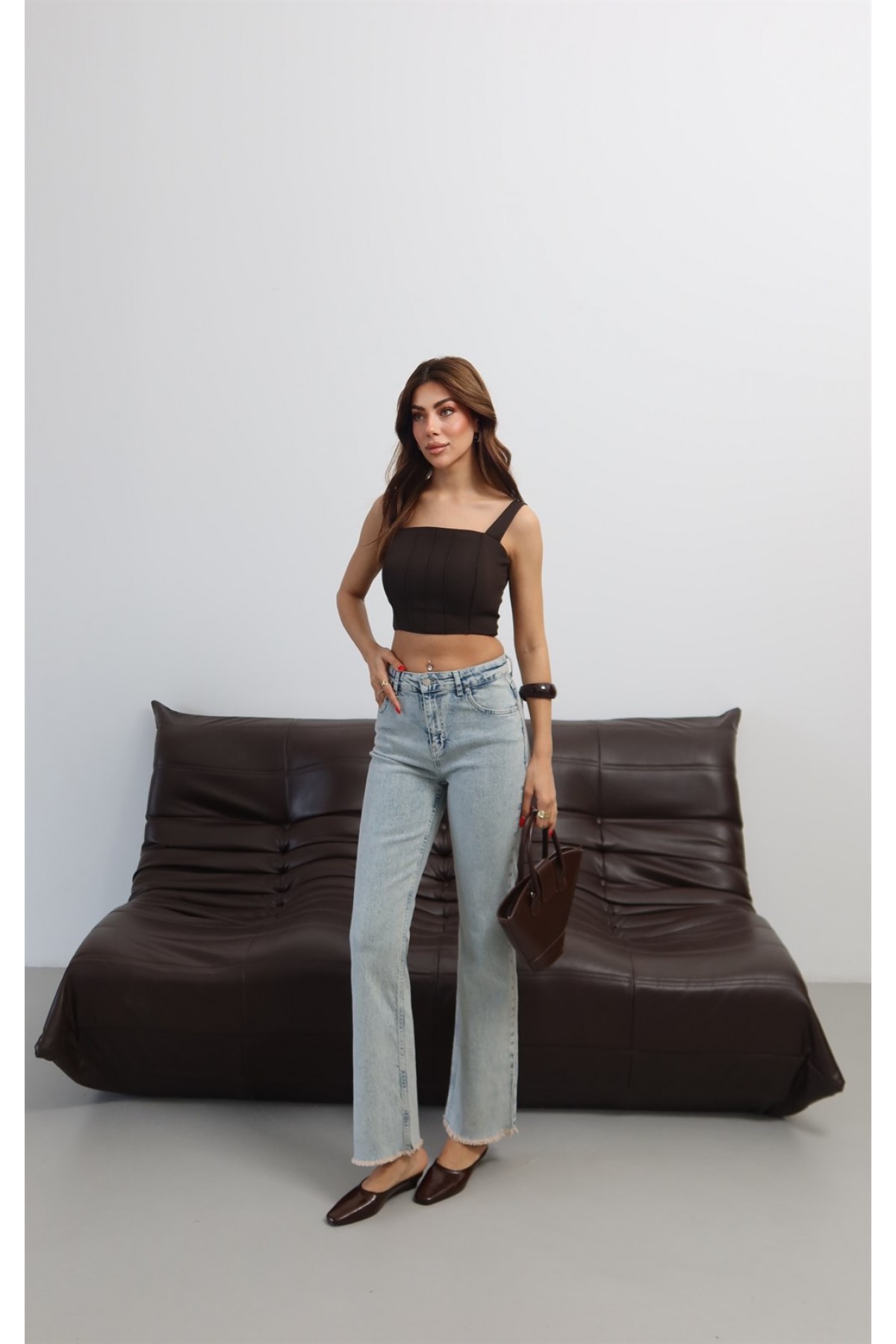 Yüksek Bel Paça Pis Dikiş Detaylı Light Blue Tint Mini Flare Jean Pantolon