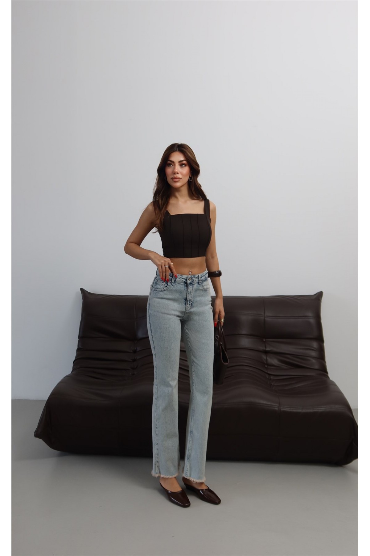 Yüksek Bel Paça Pis Dikiş Detaylı Light Blue Tint Mini Flare Jean Pantolon