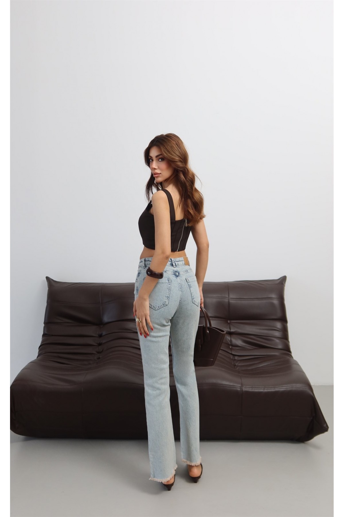 Yüksek Bel Paça Pis Dikiş Detaylı Light Blue Tint Mini Flare Jean Pantolon