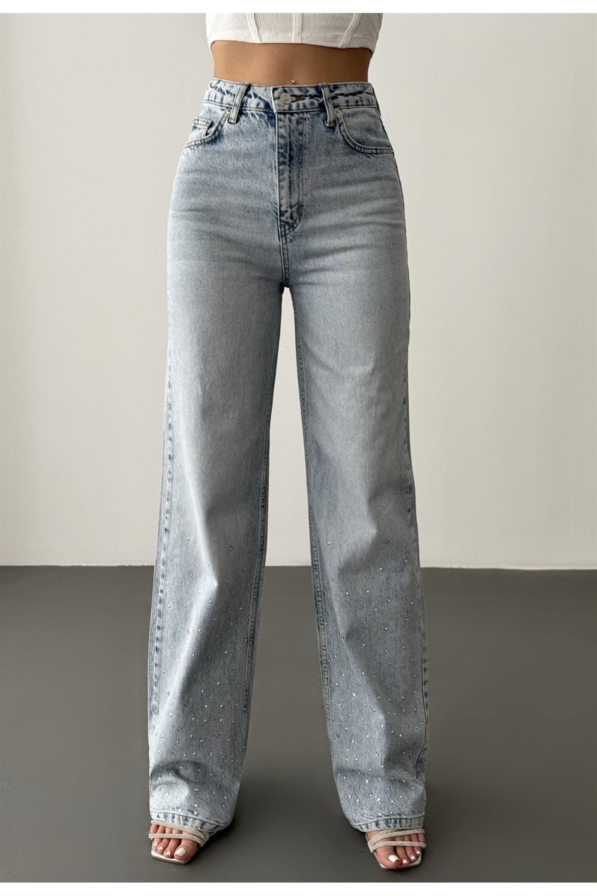 Yüksek Bel Bol Kesim Light Blue Taşlı Jean Pantolon