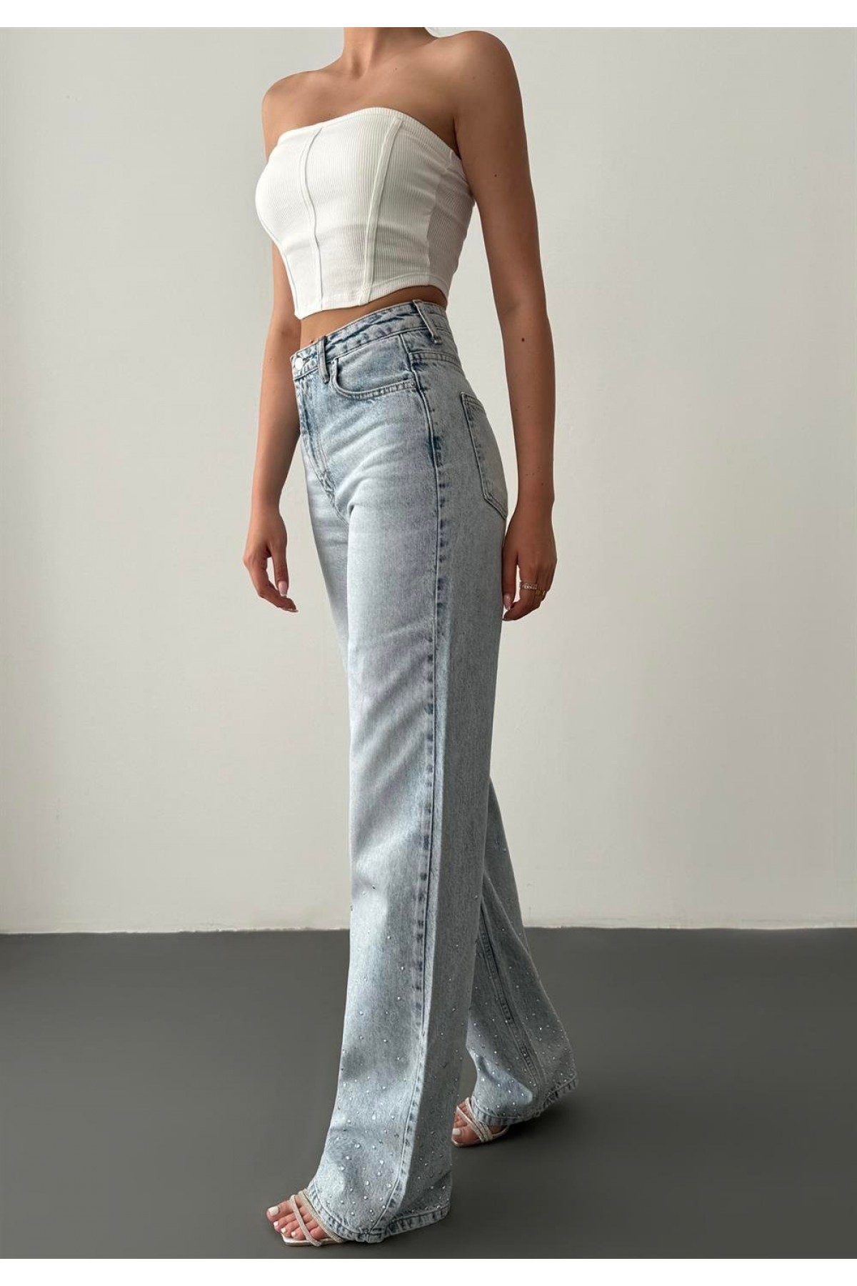 Yüksek Bel Bol Kesim Light Blue Taşlı Jean Pantolon