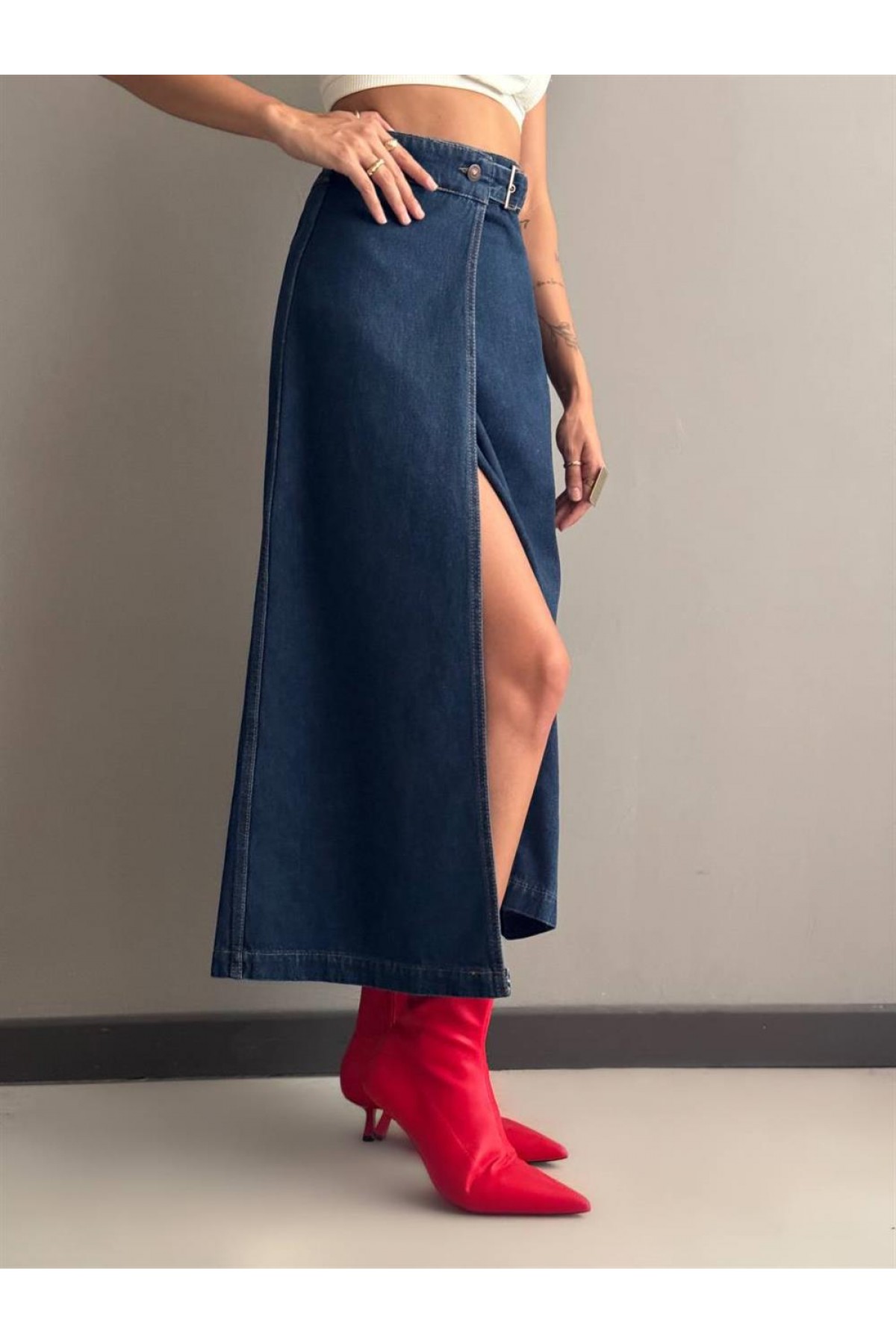 Slit Detailed Ankle Length Dark Blue Skirt