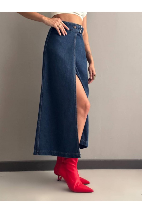 Slit Detailed Ankle Length Dark Blue Skirt