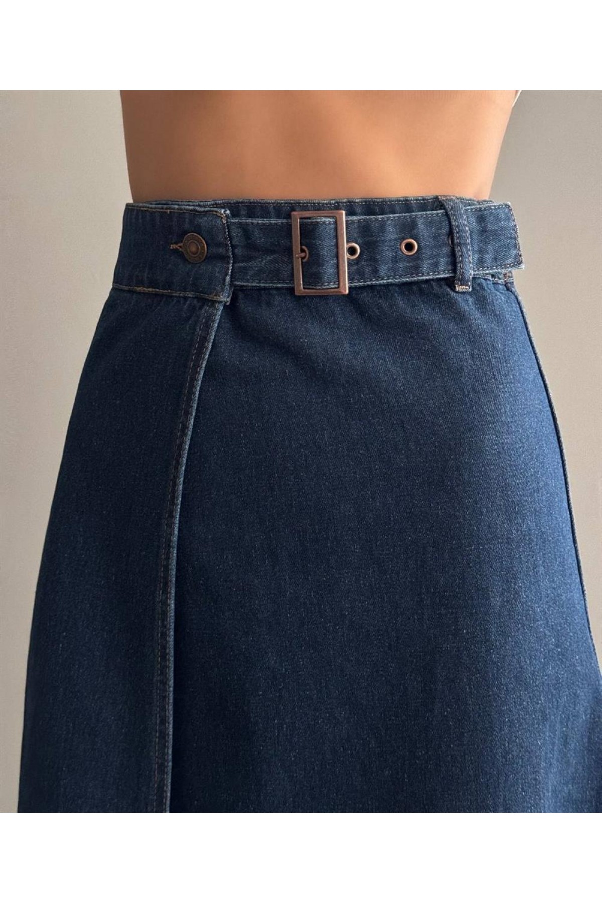 Slit Detailed Ankle Length Dark Blue Skirt