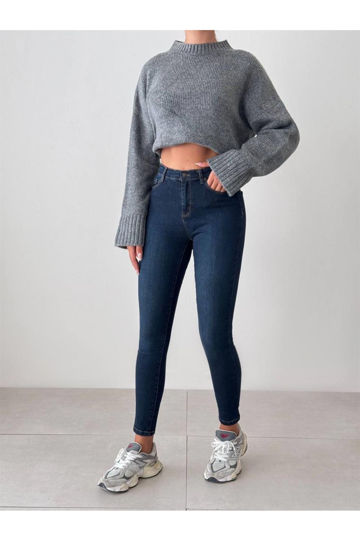 High Waist Skinny Leg Women's Dark Blue Tint Trousers