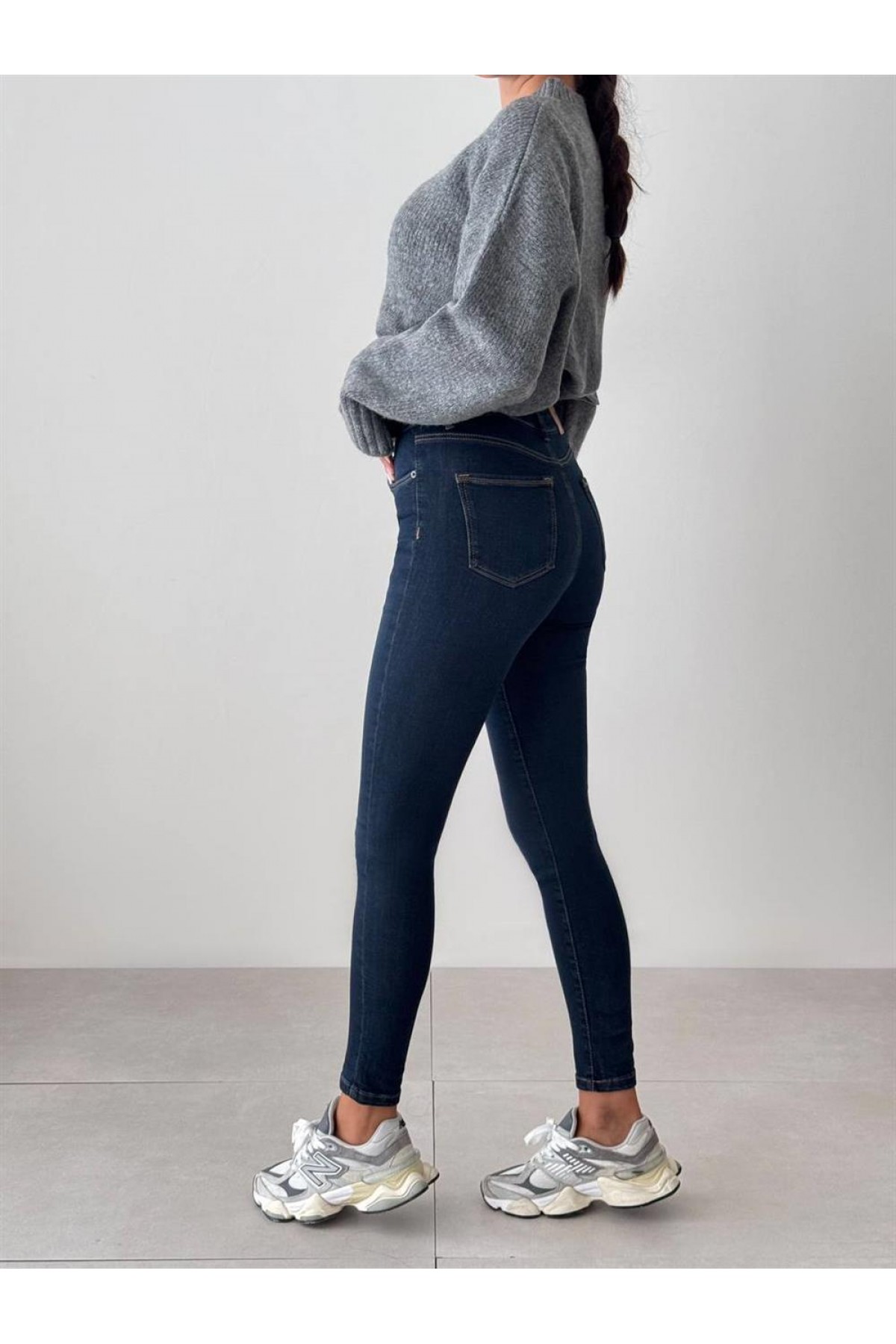 High Waist Skinny Leg Women's Dark Blue Tint Trousers