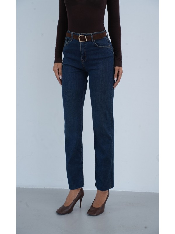 Yüksek Bel Paça Kesik Kemer Detaylı Kadın Dark Blue Tint Jean Pantolon