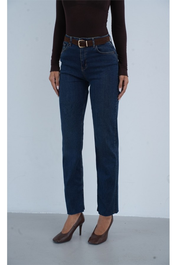 Yüksek Bel Paça Kesik Kemer Detaylı Kadın Dark Blue Tint Jean Pantolon