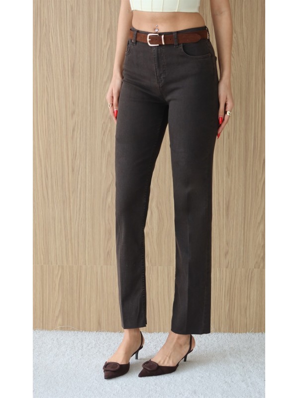 Yüksek Bel Paça Kesik Kemer Detaylı Dark Kahve Jean Pantolon