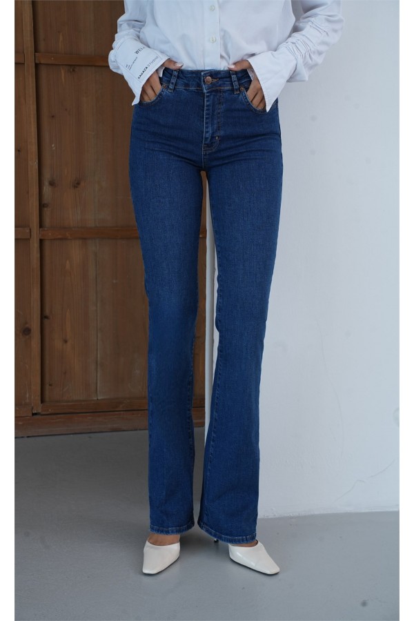 Yüksek Bel Yarım İspanyol Paça Dark Blue Tint Jean Pantolon