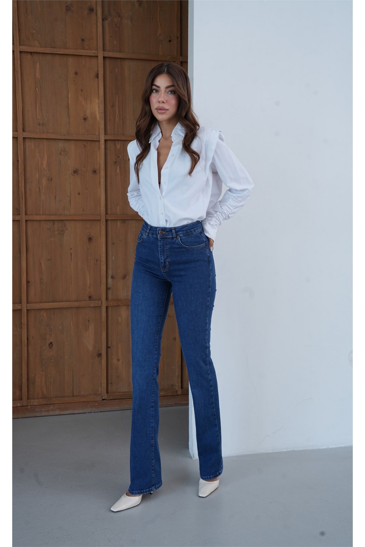 Yüksek Bel Yarım İspanyol Paça Dark Blue Tint Jean Pantolon