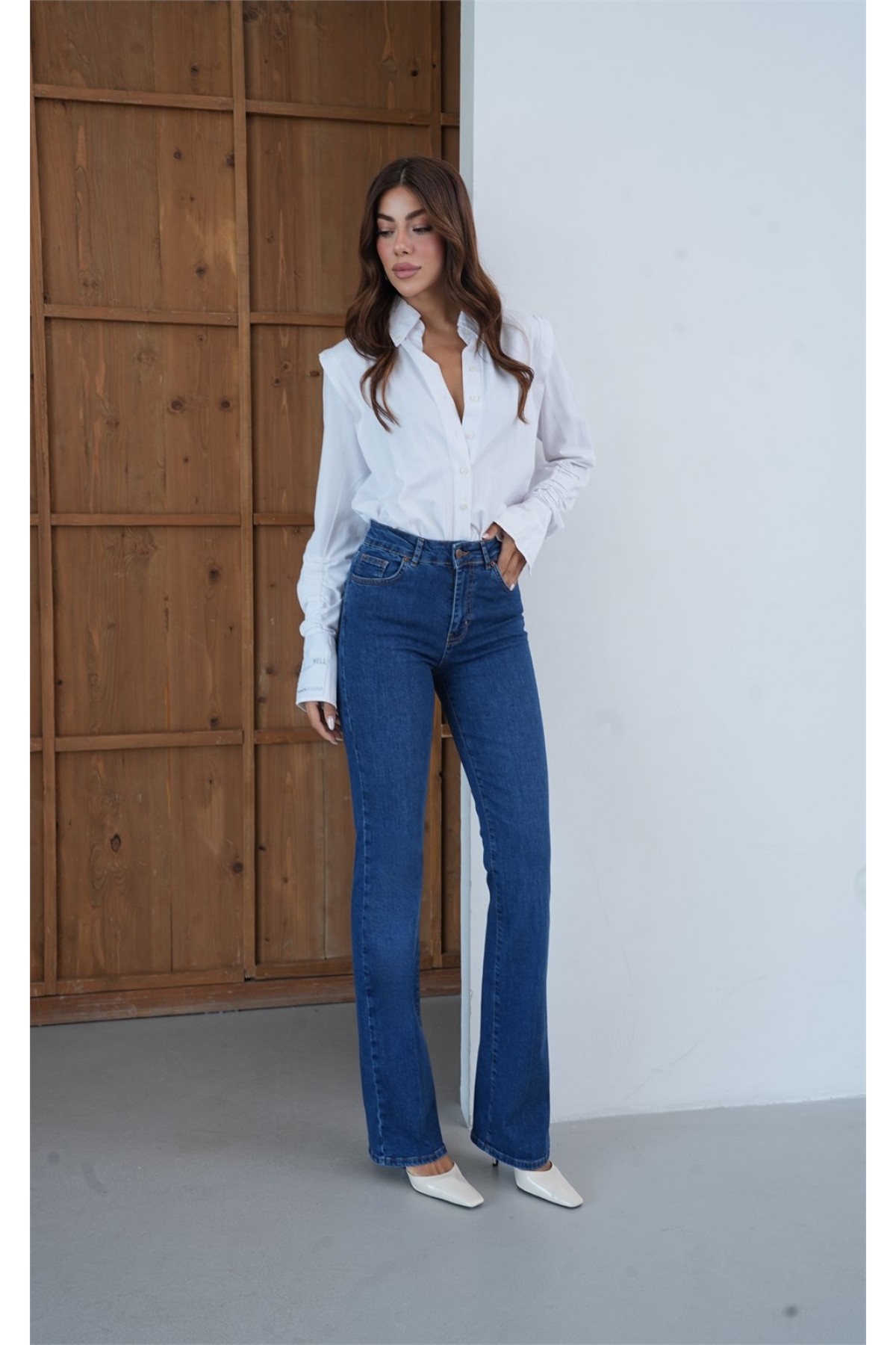 Yüksek Bel Yarım İspanyol Paça Dark Blue Tint Jean Pantolon