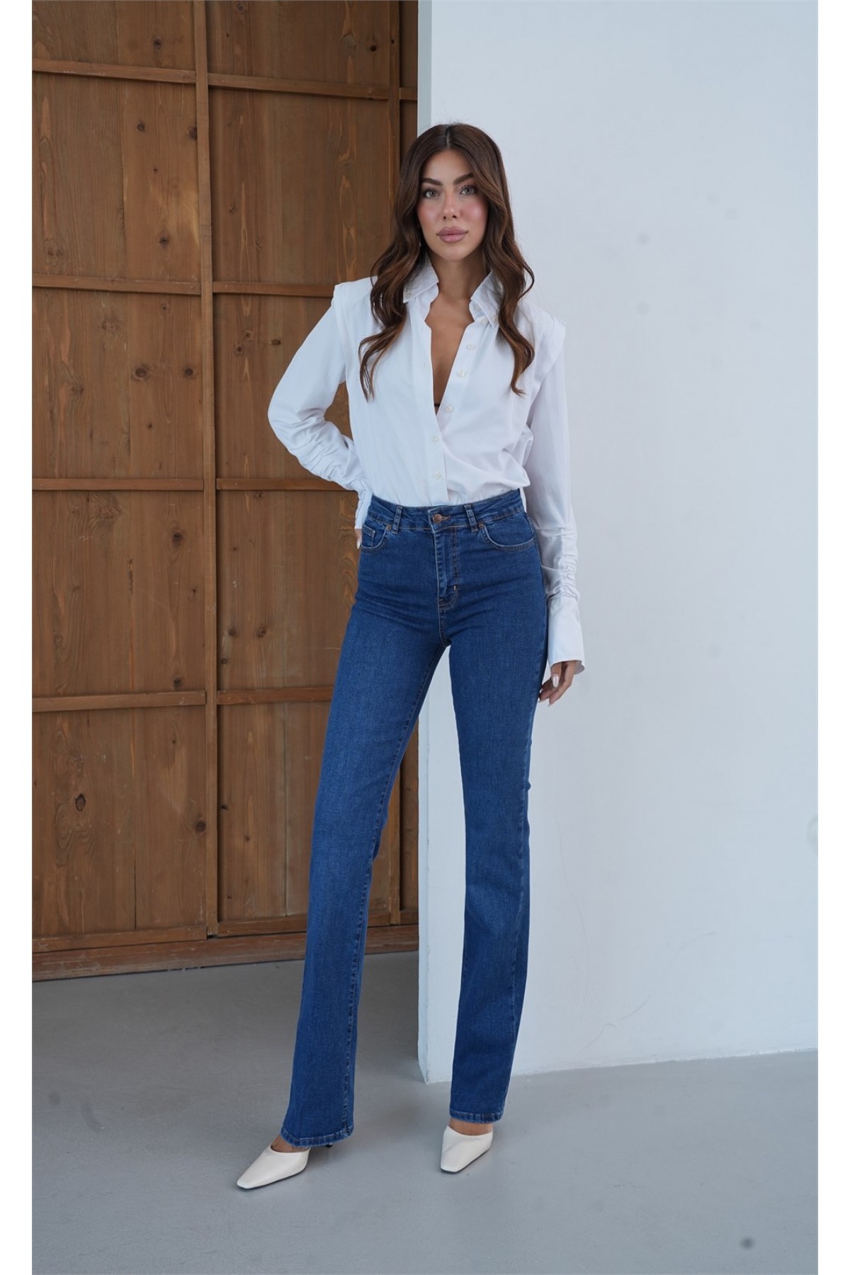 Yüksek Bel Yarım İspanyol Paça Dark Blue Tint Jean Pantolon