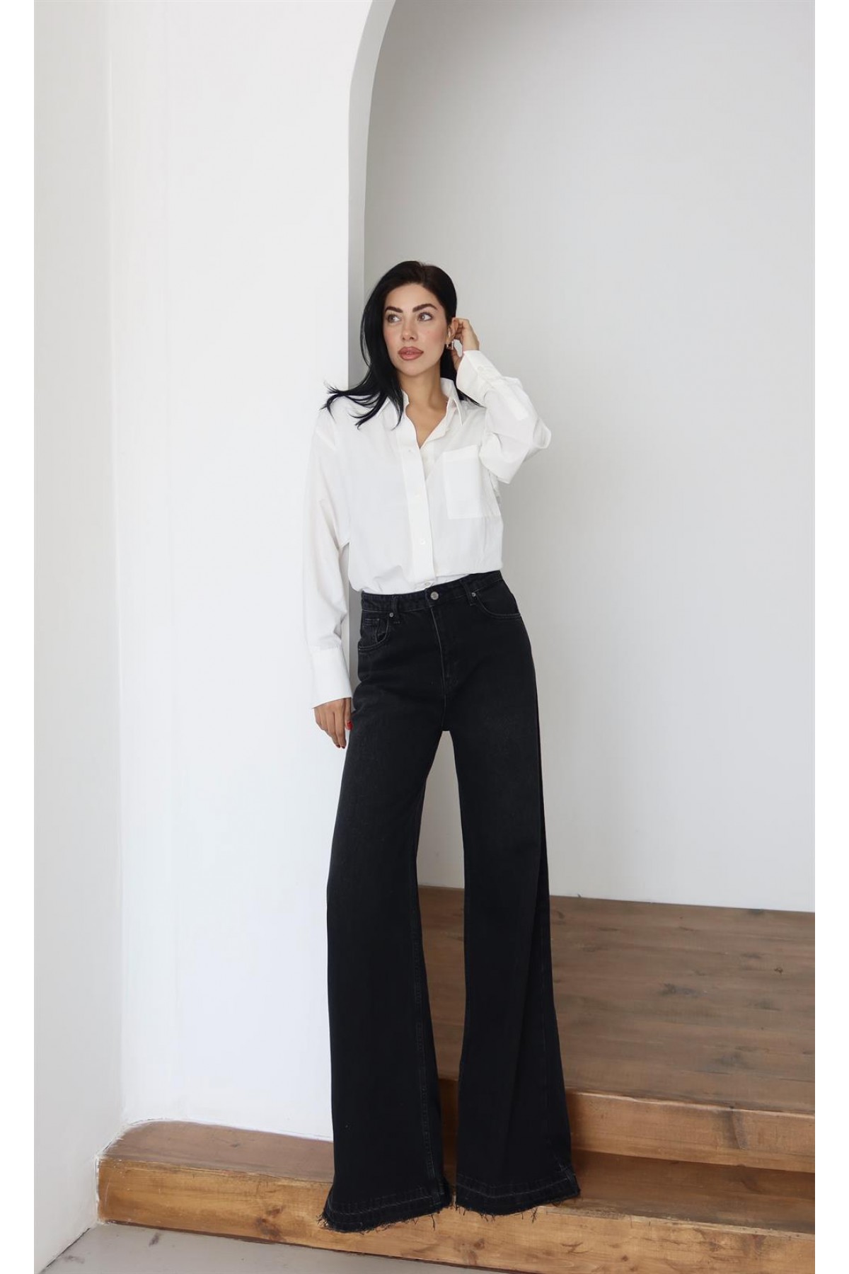 Yüksek Bel Extra Bol Paça Black Black Jean Panolon
