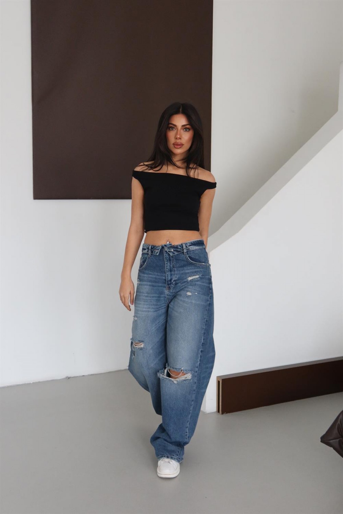 Düşük Bel Lazerli Kesik Detaylı Bej Tint Jean Pantolon