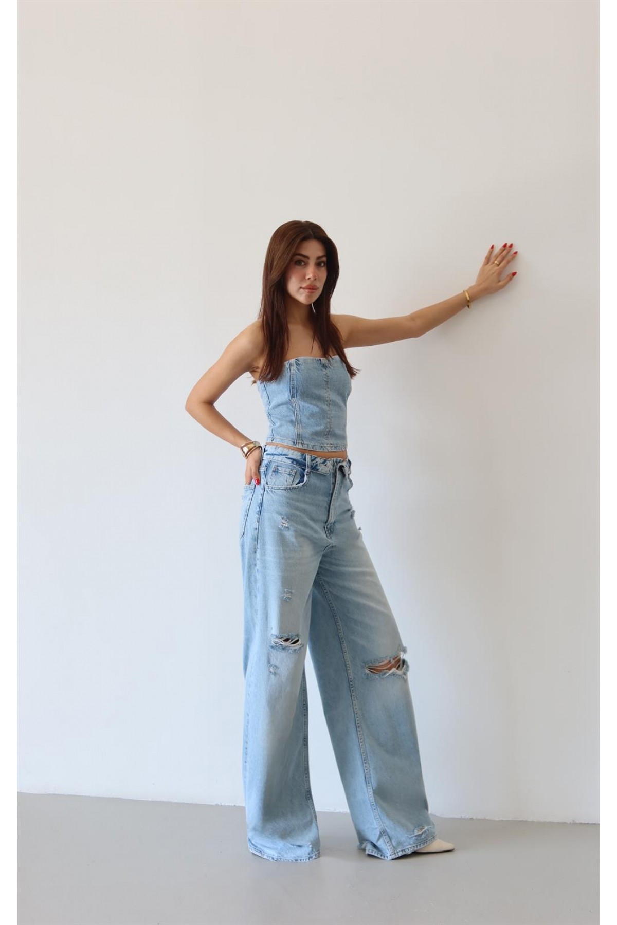 Yüksek Bel Lazer Detaylı Wide Leg Kalıp Ice Blue Lazerli Jean Pantolon